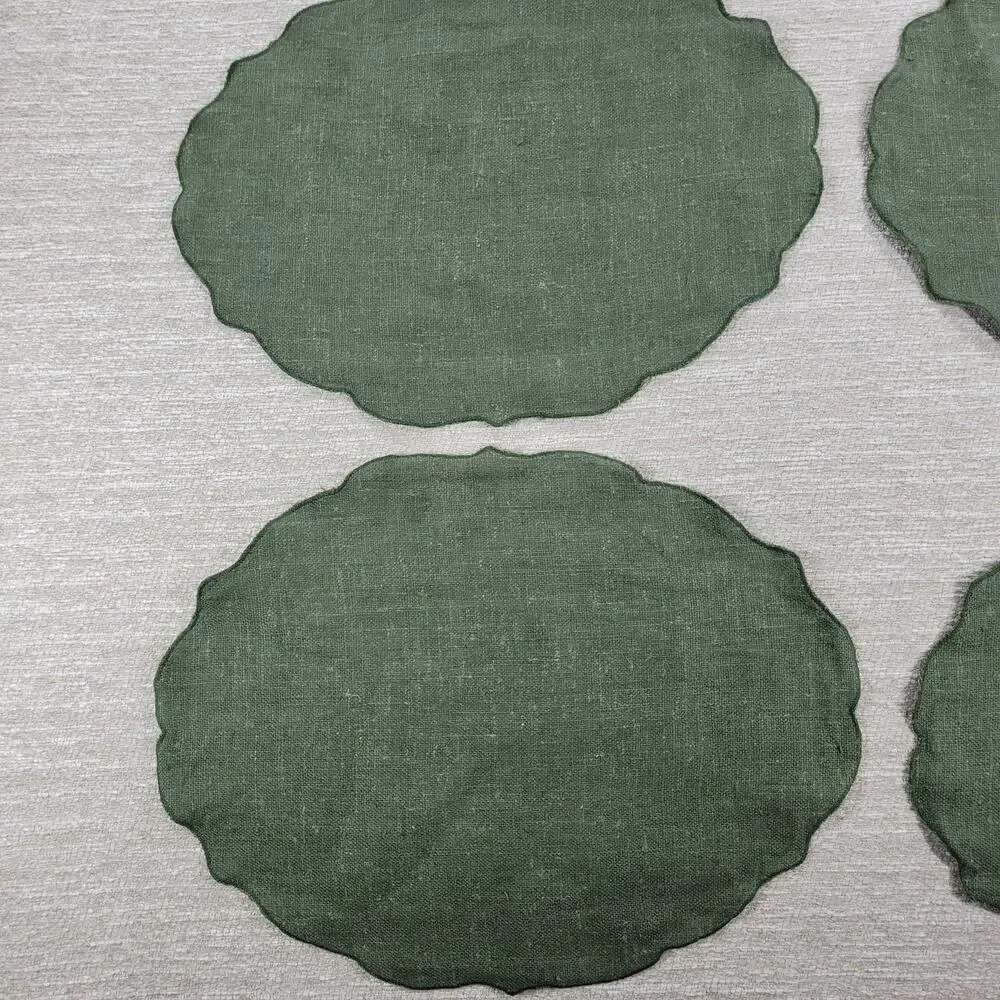 VTG Williams Sonoma Linen Placemats Sage Green Scalloped Edge Oval Set of 4